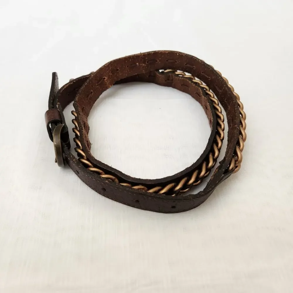 Banana Republic Belt Women's M Brown Genuine Leather Copper Chain Biker Belt